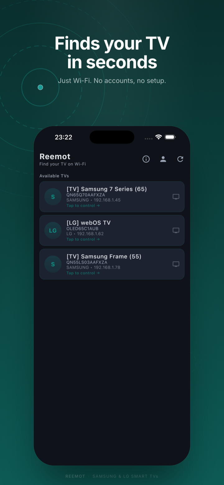 Reemot scanning the Wi-Fi network and listing discovered TVs