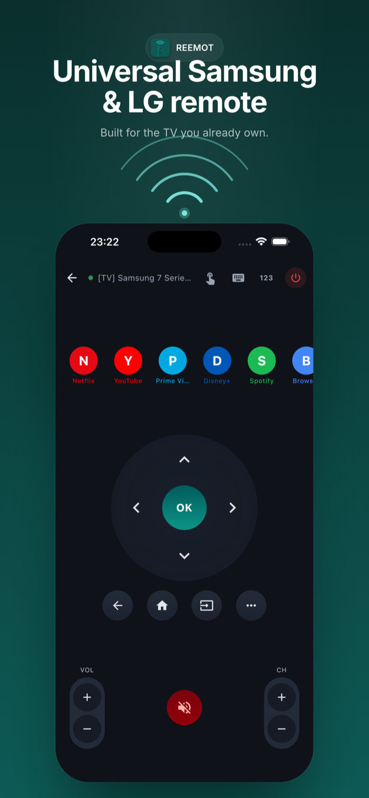 Reemot main remote view with directional pad and volume controls