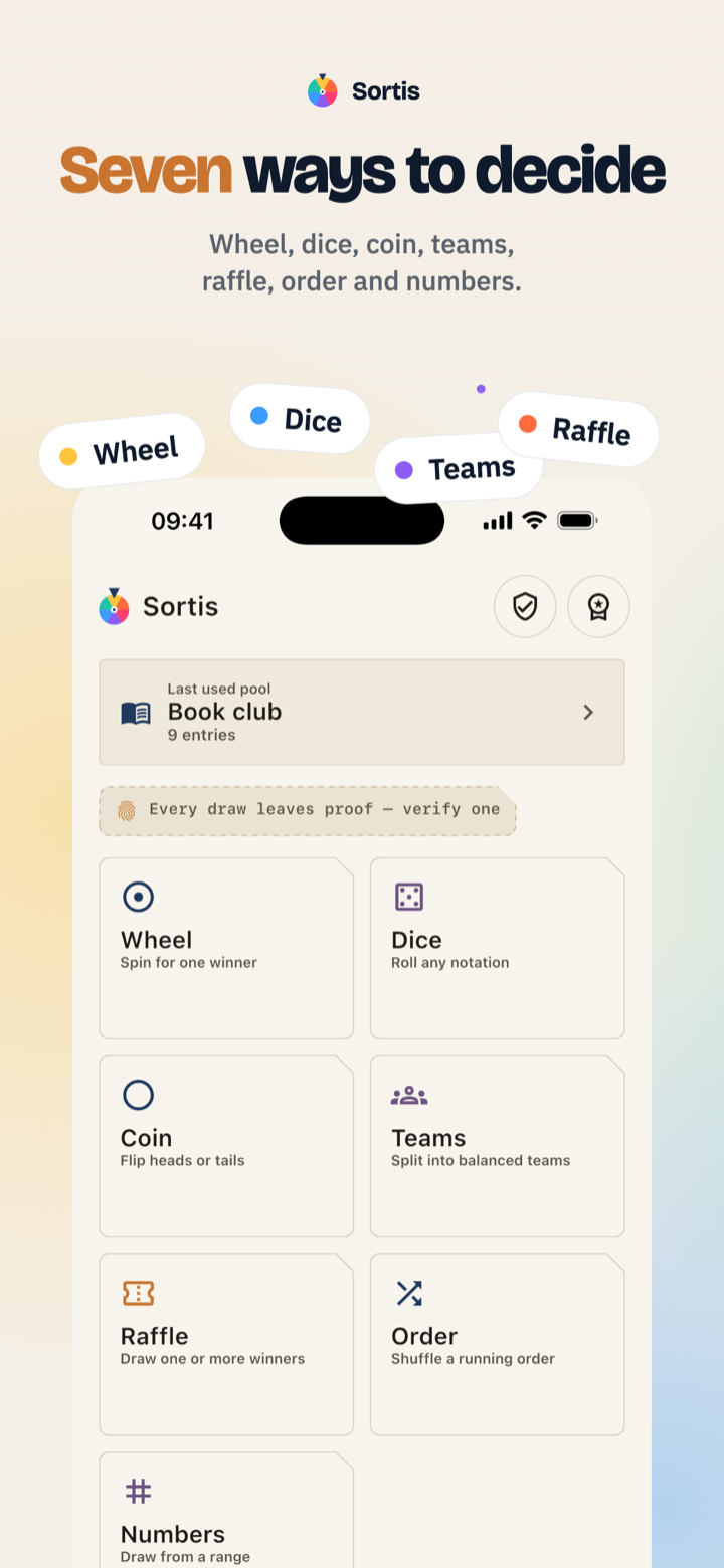 Sortis draw hub showing wheel, dice, coin, teams, raffle, order, and numbers modes