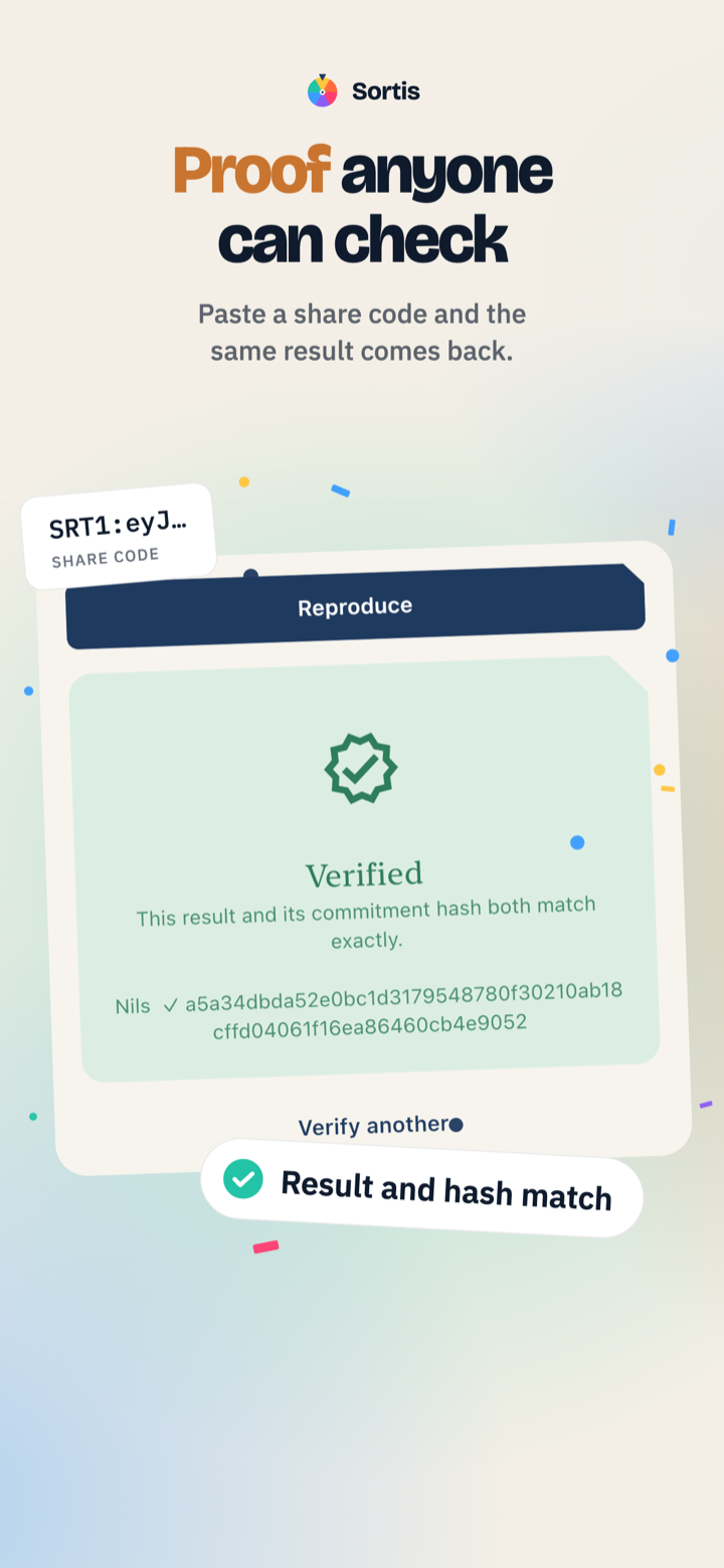 Sortis verify screen confirming a shared result and its commitment hash match