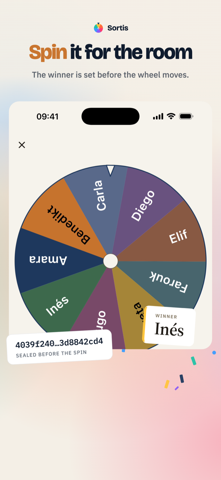 Sortis wheel spin result showing the winner sealed before the spin