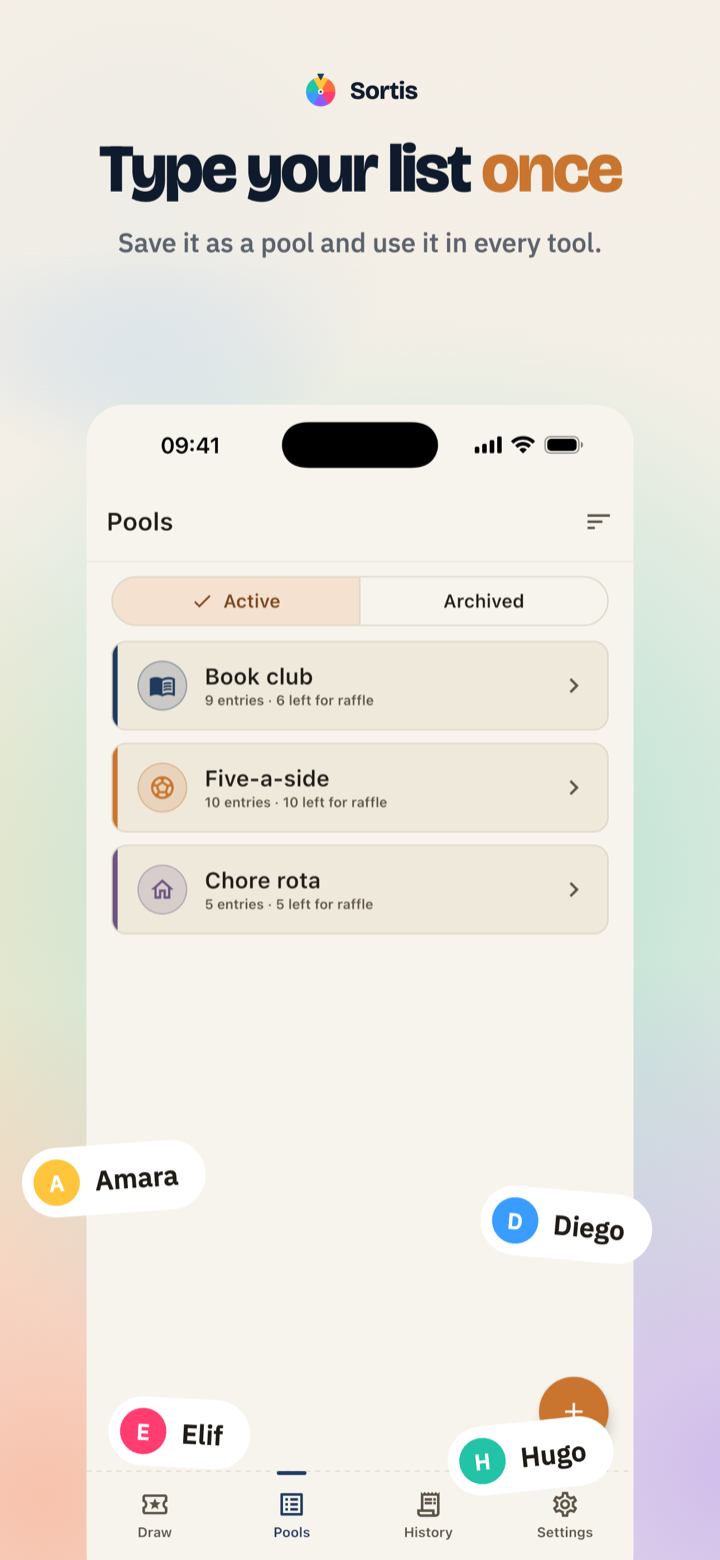 Sortis pools screen listing saved lists ready to reuse in any draw mode